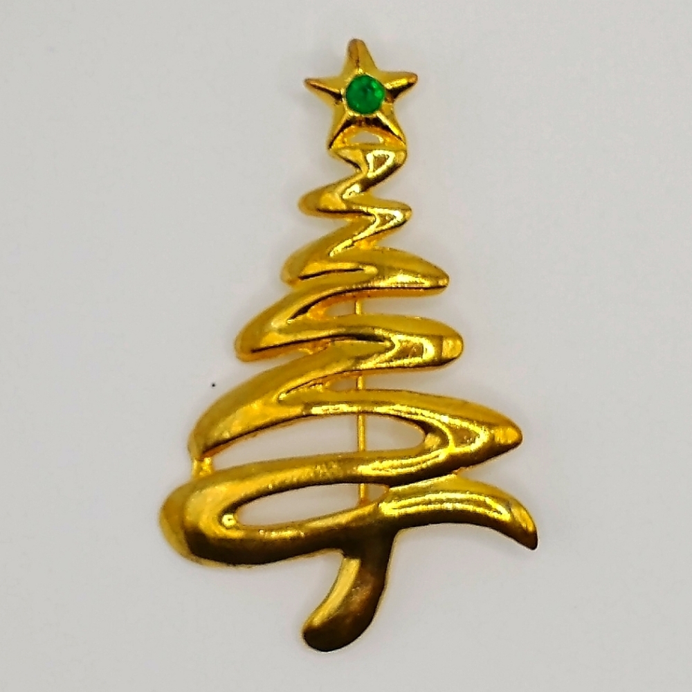 Vintage Gold Tone Scribble Christmas Tree Brooch